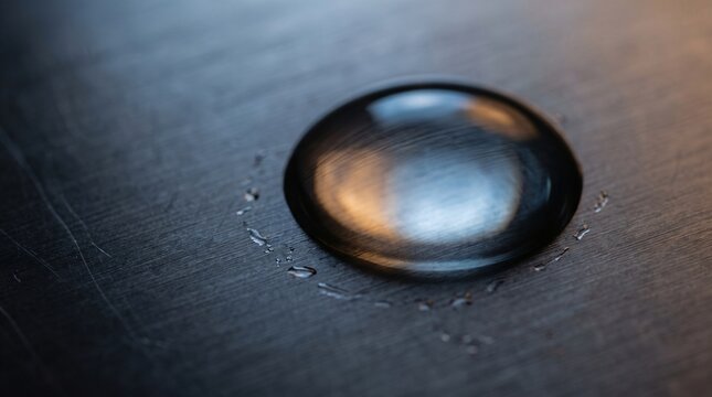 Single water droplet resting on brushed metal surface showing reflection and high surface tension under warm light