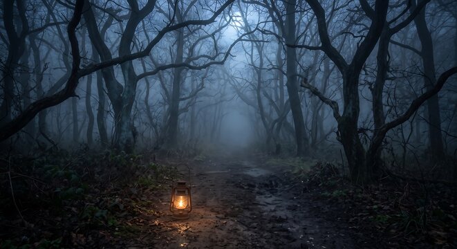 Spooky misty forest path with leafless trees and glowing lantern at night