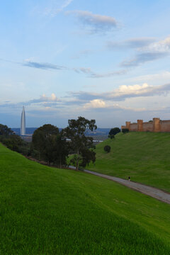 Rabat Cityscape with Ancient Chellah Fortress Ramparts and Modern Mohammed VI Tower Skyline