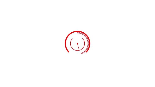 Red gauge speedometer loading animation moving fast on white background digital interface.