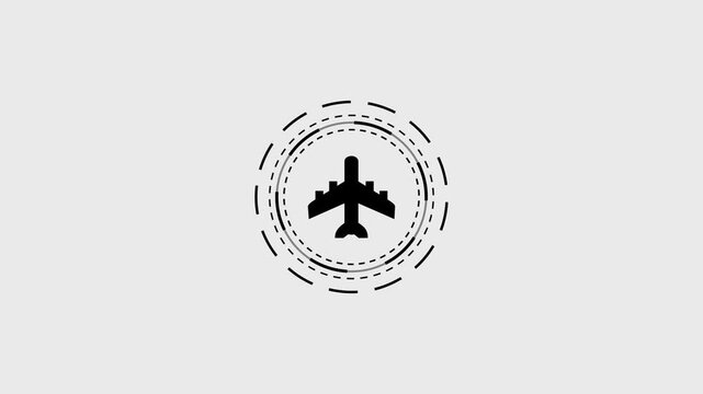 Minimalist airplane icon motion graphic rotating with dashed circular lines white background.
