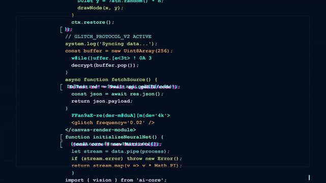 Source code glitch with digital data corruption and scrolling computer