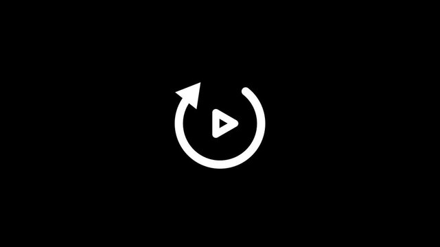 Rotating play button icon with circular arrow animation on black background.