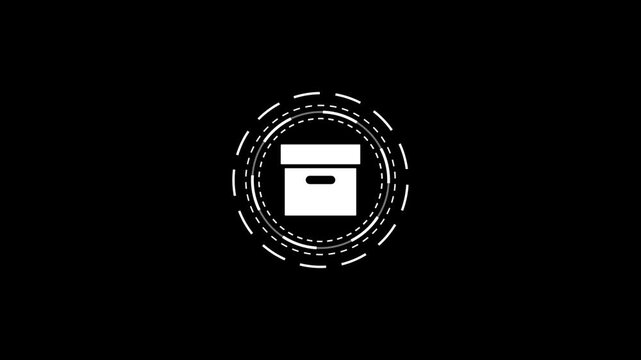 Minimalist digital storage box icon animation with circular rotating scanning laser lines.