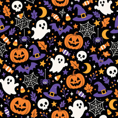 Fototapeta premium Cute Halloween Seamless Pattern with Jack O Lanterns, Ghosts, Bats, Witch Hats and Spooky Vector Elements