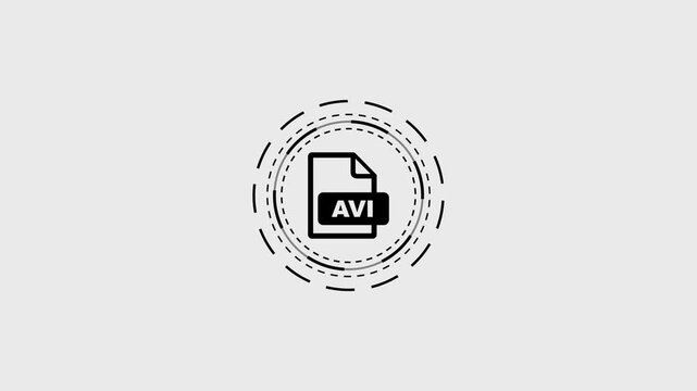 Minimalist avi file format icon animation with rotating dotted circles on grey backdrop.