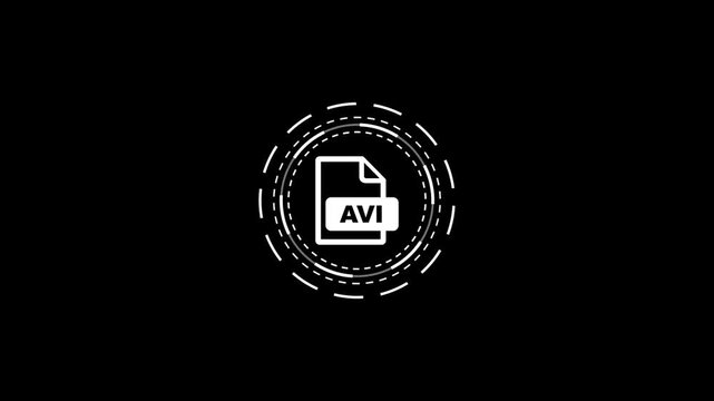 Avi file format icon with dashed circular orbit animation isolated on black background clip.
