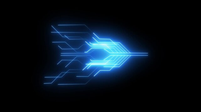 Neon blue digital circuit arrow animation, futuristic data flow technology background