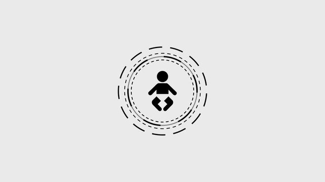Baby icon with pulsing circle motion graphic black and white infant symbol animation footage.