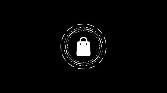 Minimalist shopping bag icon rotating within animated dashed circles on black background.