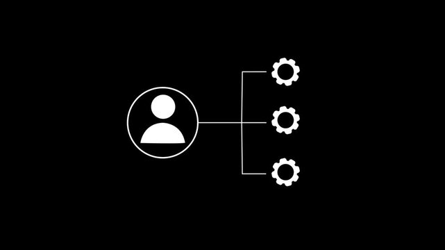 Minimal user management system flowchart icon animation on black background with gears.