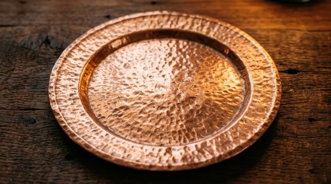 Hammered Copper Round Serving Plate with Rustic Texture on Dark Wooden Background