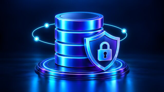 Glowing blue digital database server protected by security shield illustrating secure cloud storage data privacy encryption and enterprise cybersecurity infrastructure