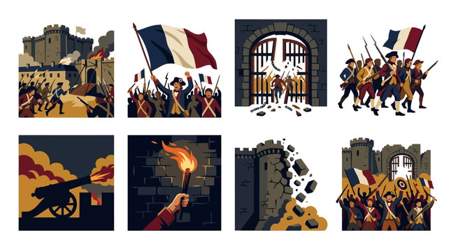 Revolution illustrations depict the historic storming of the Bastille, French flags waving amid crowds, soldiers marching, cannon fire, and torches illuminating stone walls.