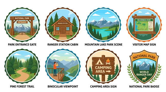 Vector badges illustrating national park scenes like entrance gates, ranger cabins, mountain lakes, visitor map signs, pine forest trails, binocular viewpoints, camping areas, and commemorative.