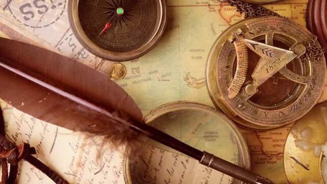 Vintage exploration tools quill pen compass sundial astrolabe on old map with glowing candle motion.