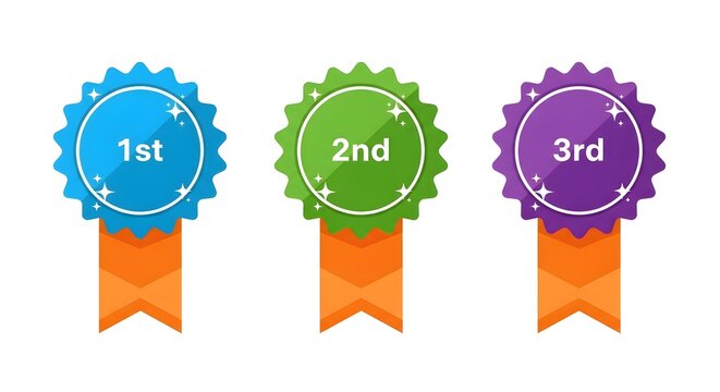 Winner badges with first, second, and third place rank numbers on colorful rosette ribbons and flat design style