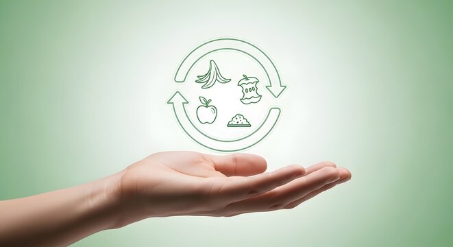 Hand holding a green circular arrow icon representing food waste recycling and sustainable composting practices on a soft green background