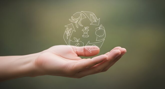 Hand holding a recycling symbol filled with organic waste, representing sustainability and eco-friendly waste management practices