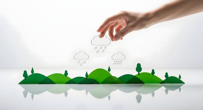 Hand hovering rain cloud icon over green hills paper cut representing climate change and ecology conservation concept