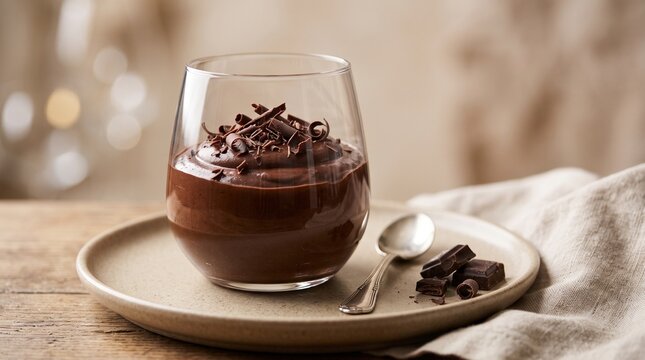 Delicious chocolate mousse in a glass with chocolate shavings on a rustic table
