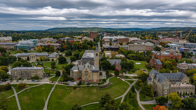 Ithaca, NY, USA - October 4, 2026 - Aerial image of Cornell University Campus.