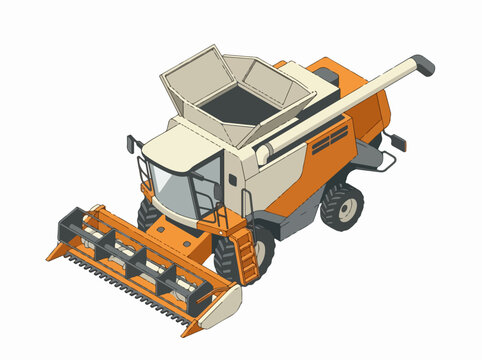 Orange agricultural combine harvester working