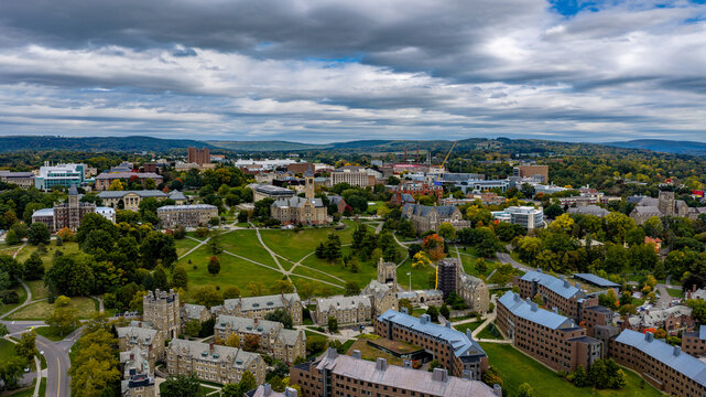 Ithaca, NY, USA - October 4, 2026 - Aerial image of Cornell University Campus.