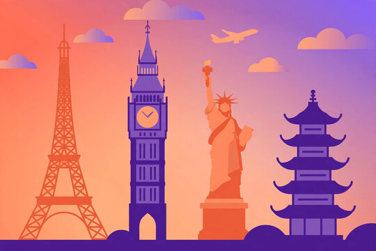 Colorful flat vector illustration of famous world landmarks, Eiffel Tower, Big Ben and Statue of Liberty