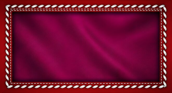Red leather frame with white stitched border and dark magenta fabric background texture for text placement