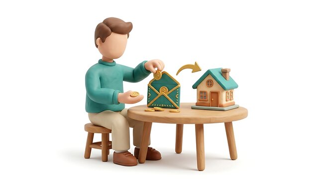 3D character sending money remittance to a house model on a table
