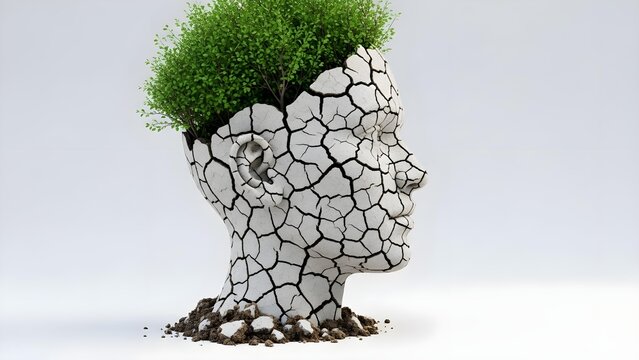 Cracked stone human head sculpture with vibrant green growing plant foliage emerging from inside against white background