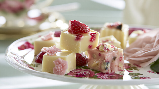 Sweet fudge squares, some topped with strawberries, raspberries, and sugar flowers, arranged on a decorated plate for a festive tea party