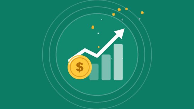 Business and Financial Growth Concept Illustration with Dollar Coin, Upward Trend Arrow, and Rising Bar Chart