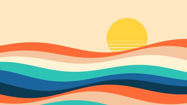 Abstract sunset over ocean waves illustration with vibrant retro colors and flat design style. Summer beach vacation concept.