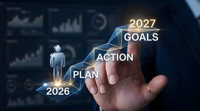 Business strategy planning and goal setting for years twenty twenty six and twenty twenty seven with digital holographic interface