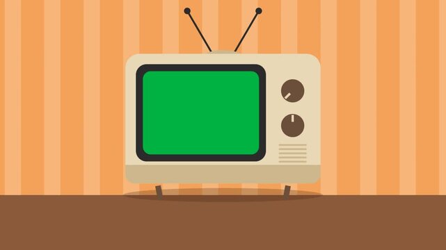 Retro television with green screen on striped background. Vintage old TV receiver display in flat cartoon style, media concept.