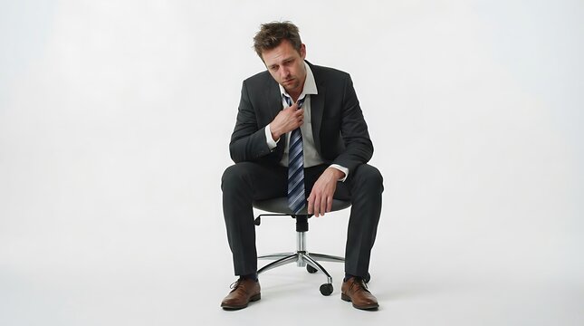Exhausted businessman sitting on an office chair loosening his tie against a white background