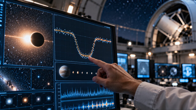 Astronomer pointing at exoplanet transit light curve data on computer screen inside modern astronomical observatory dome at night