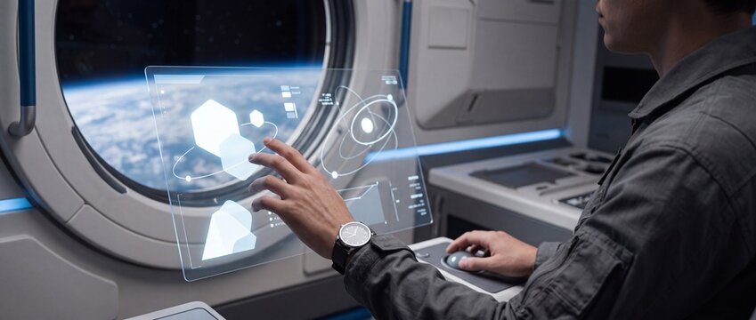Astronaut operating a futuristic transparent holographic touchscreen interface inside a spacecraft cabin with planet Earth visible through a porthole window