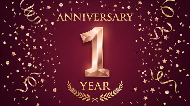 Anniversary celebration design featuring a glowing rose gold number one year typography surrounded by falling confetti
