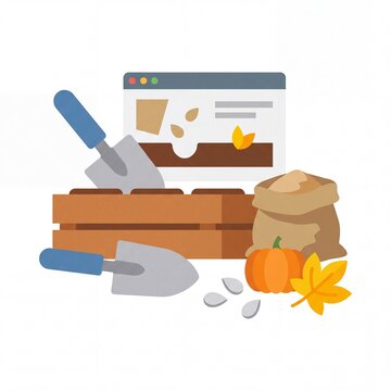 Flat vector illustration of gardening tools and autumn harvest elements for online farming education.