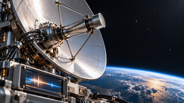 Parabolic satellite communication dish and telemetry monitor screen operating on a spacecraft in low Earth orbit with the curvature of planet Earth in the background