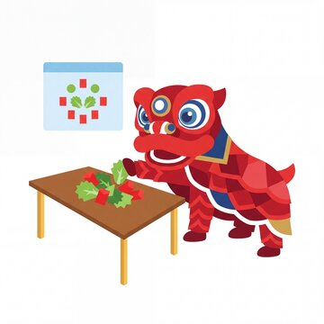A red Chinese lion dance costume character eating fresh salad at a wooden table.