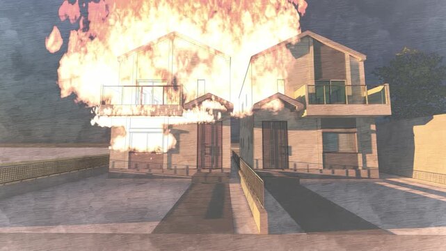 戸建住宅で発生した火災と燃え上がる炎｜3DCGアニメーション