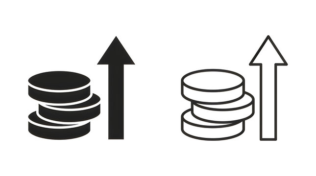 Increasing stack of coins with upward arrow