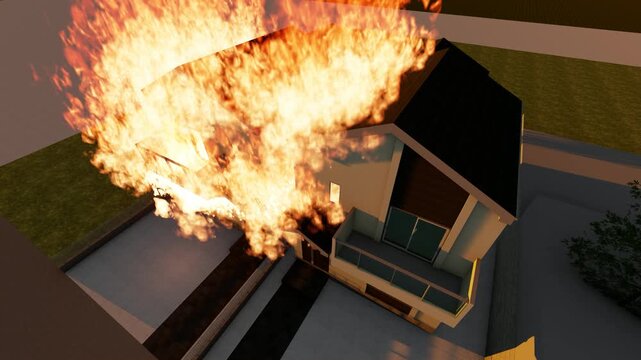 戸建住宅で発生した火災と燃え上がる炎｜3DCGアニメーション