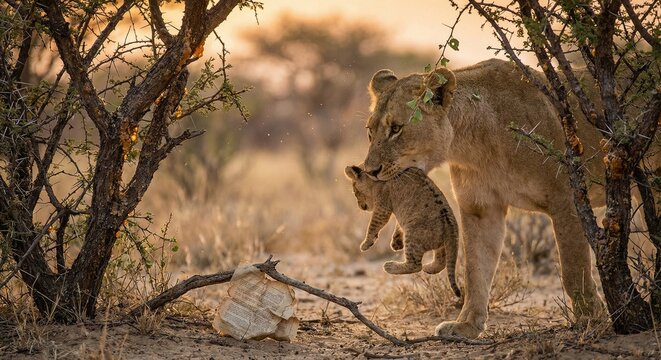 Lioness carrying her cute cub in the savanna 