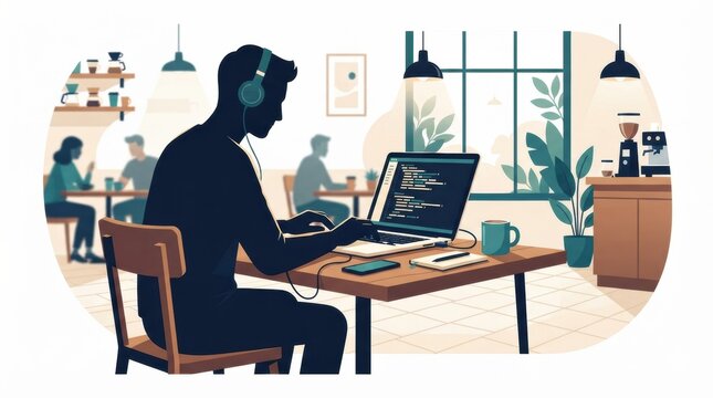 Person is coding on a laptop in a coffee shop while wearing headphones and enjoying the atmosphere with a coffee cup nearby.