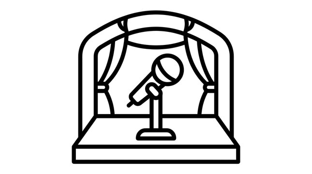 Performance stage with microphone and theater curtains line icon